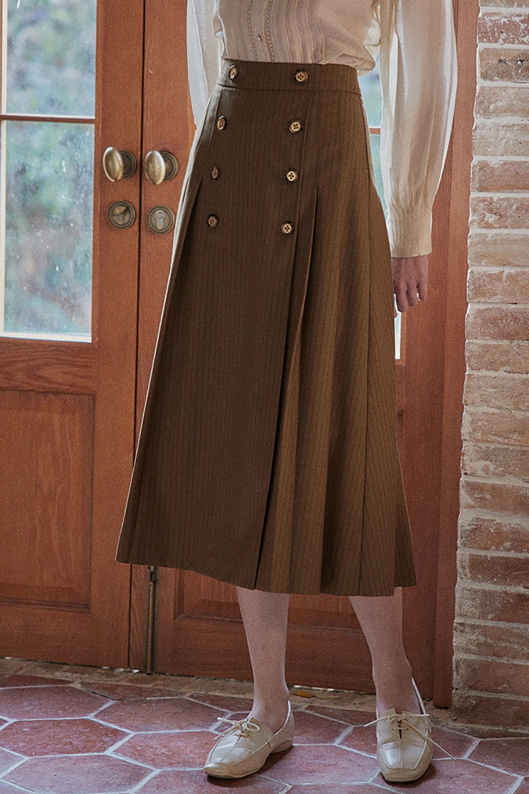 Proud Mary - 롱스커트 - PM_Brown stripe button skirt