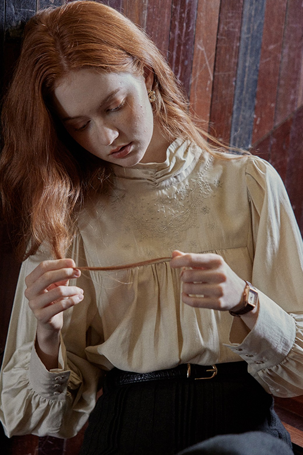 Proud Mary - 블라우스 - PM_Pleated collar embroidered blouse