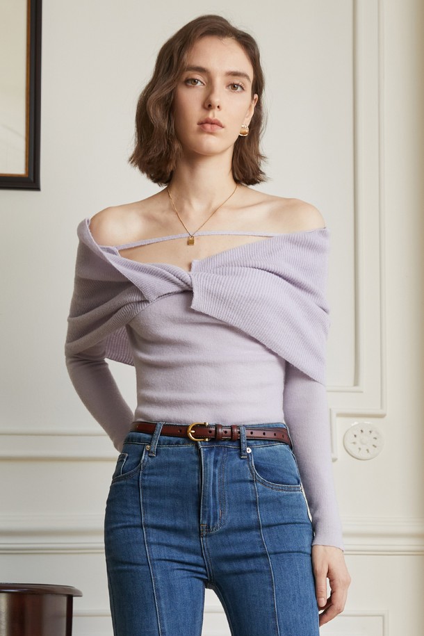 YYIAM - 스웨터 - YY_Off-shoulder knit top_LIGHT PURPLE