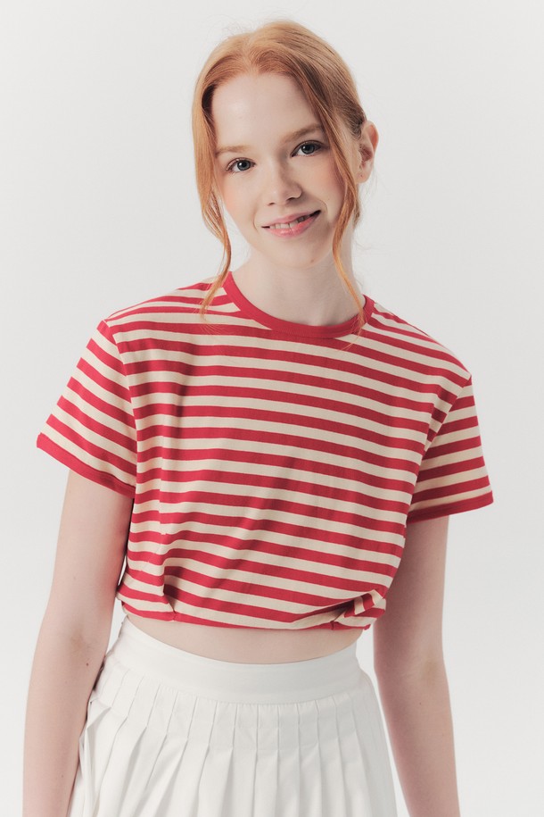 WE'DEE - 반소매 티셔츠 - WED_Modern stripe crop top_RED