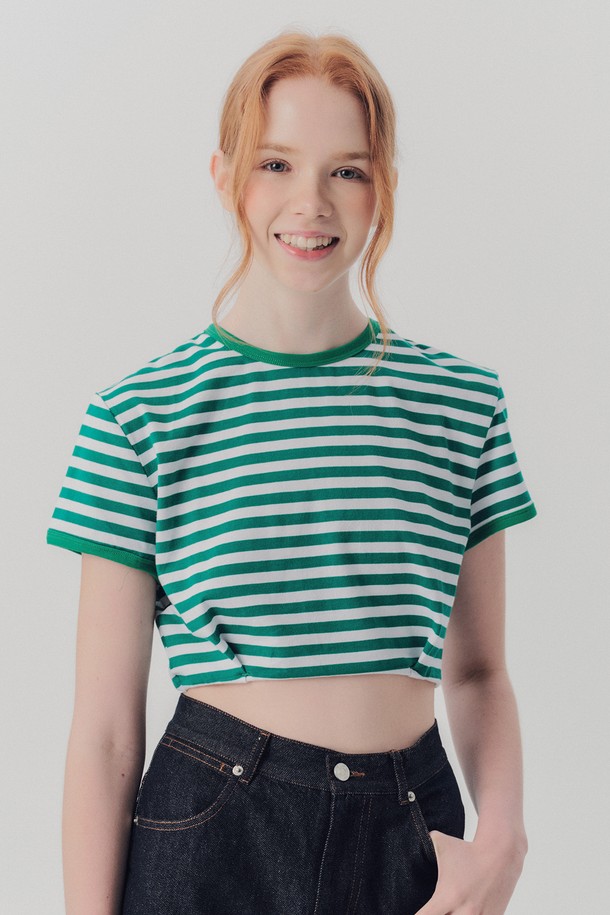 WE'DEE - 반소매 티셔츠 - WED_Modern stripe crop top_GREEN