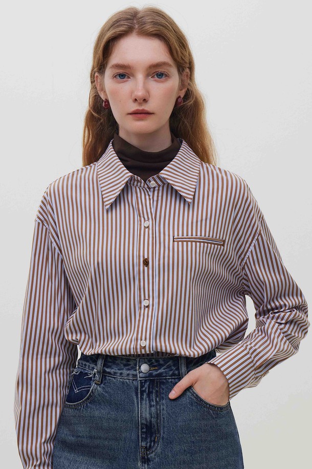 WE'DEE - 셔츠 - WD_Fake pocket striped shirt_BROWN