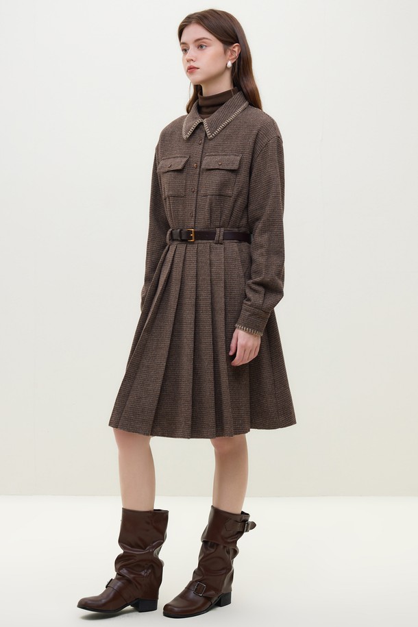 WE'DEE - 긴소매 원피스 - WD_Brown plaid woolen shirt dress