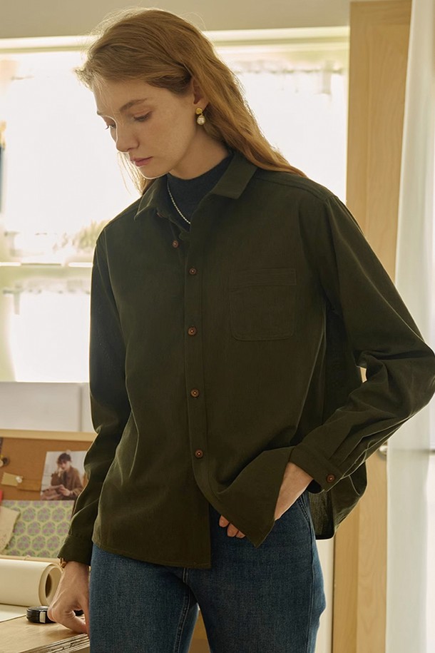 Simple Retro - 셔츠 - SR_Literary corduroy shirt_DEEP GREEN