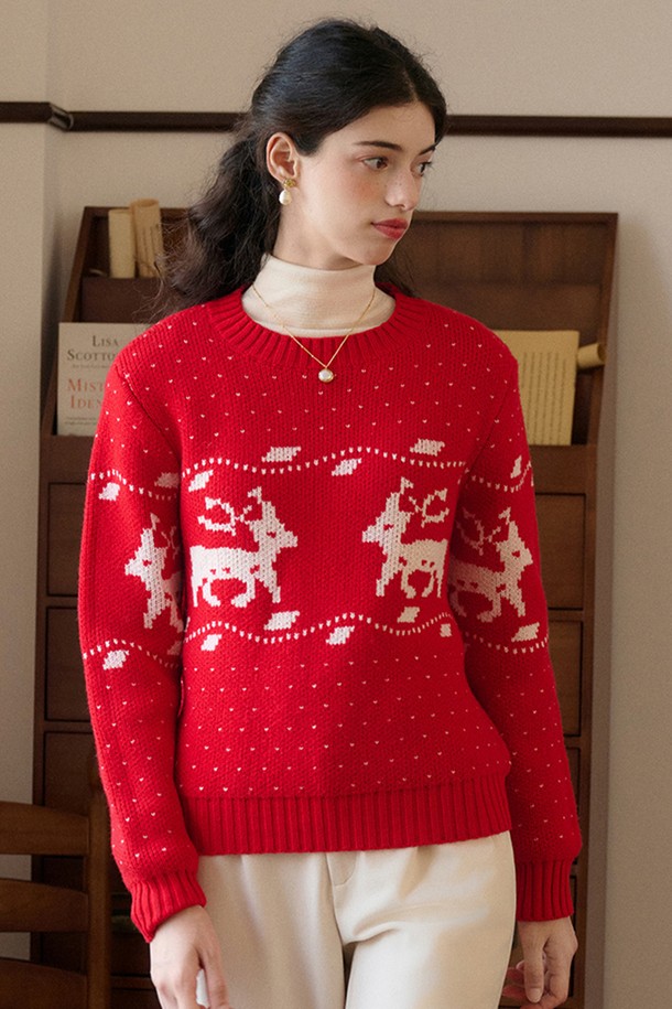 Simple Retro - 스웨터 - SR_Elk Crew Neck Red Knit Sweater