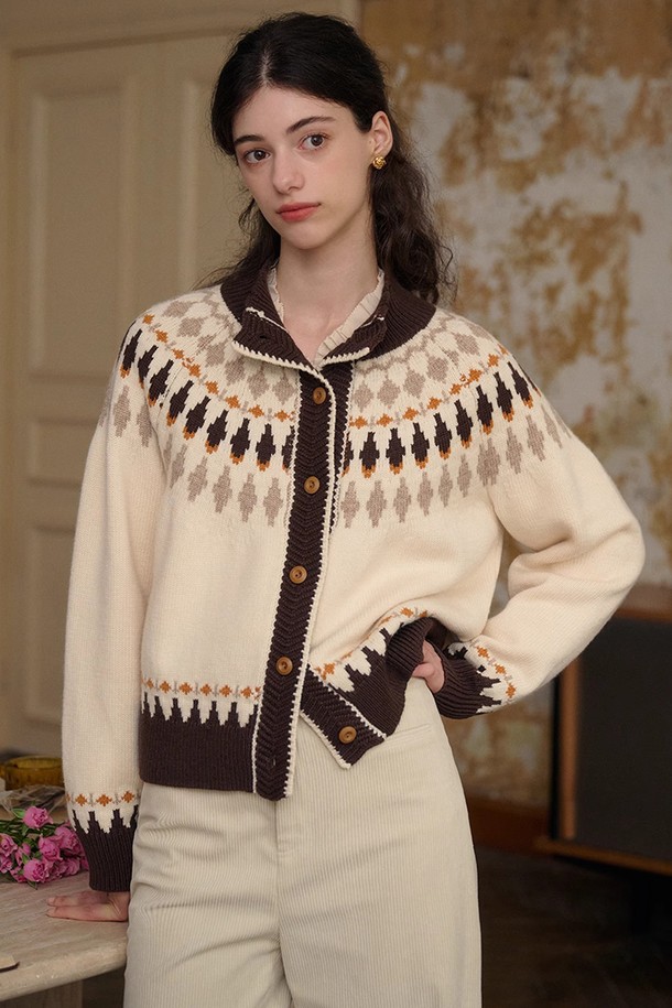 Simple Retro - 가디건 - SR_Jacquard Wool Knit Cardigan