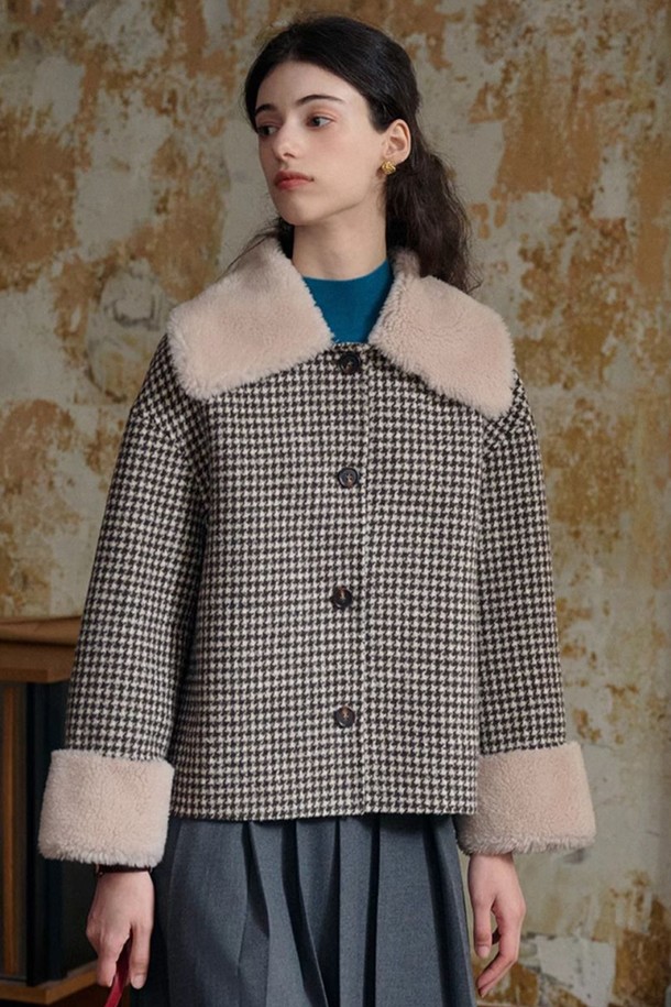 Simple Retro - 자켓 - SR_Fur Lapel Cropped Tweed Jacket