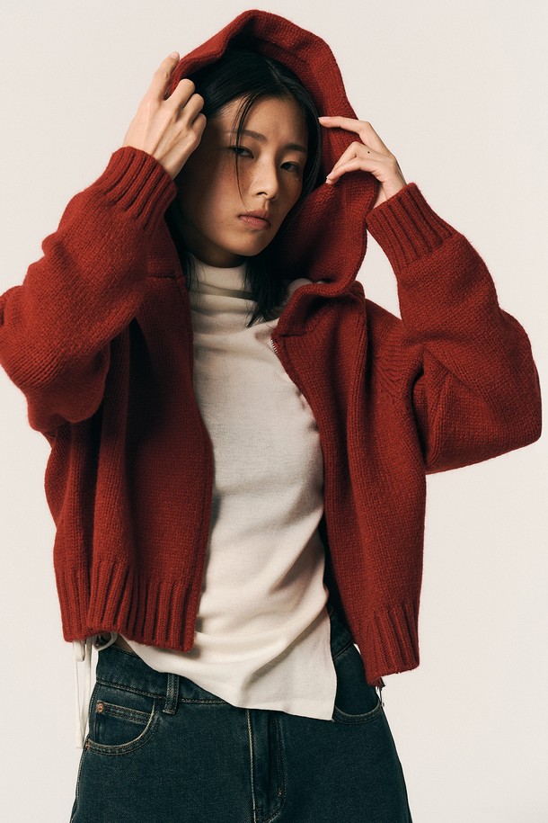 Aei&Rei - 가디건 - AR_Simple knit hooded jacket_RED