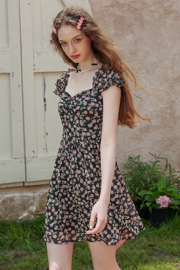 Cest Moidew - 반소매 원피스 - Cest_Black floral square neck dress