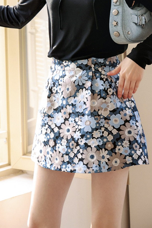 Cest Moidew - 미니스커트 - Cest_Blue flower jacquard mini skirt