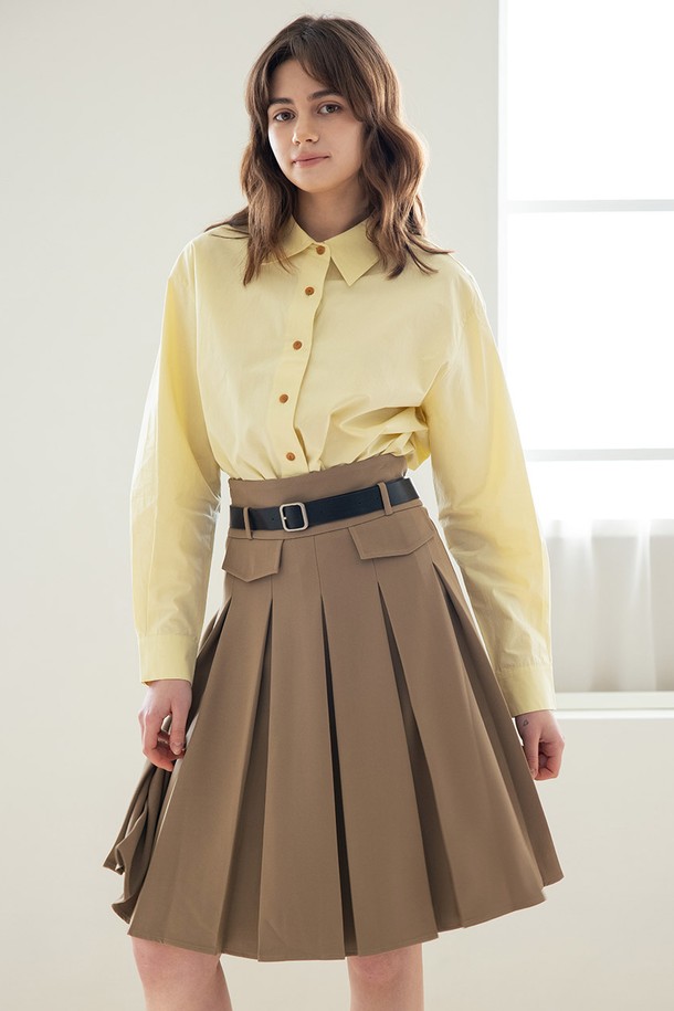 WE'DEE - 미디스커트 - WED_High-waist pleated skirt_KHAKI