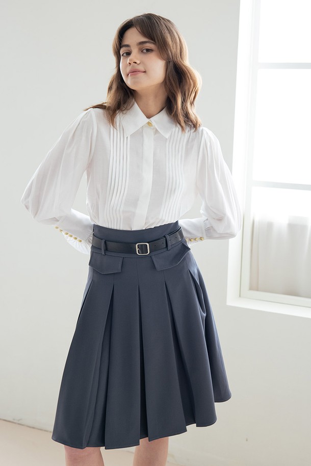 WE'DEE - 미디스커트 - WED_High-waist pleated skirt_GRAY