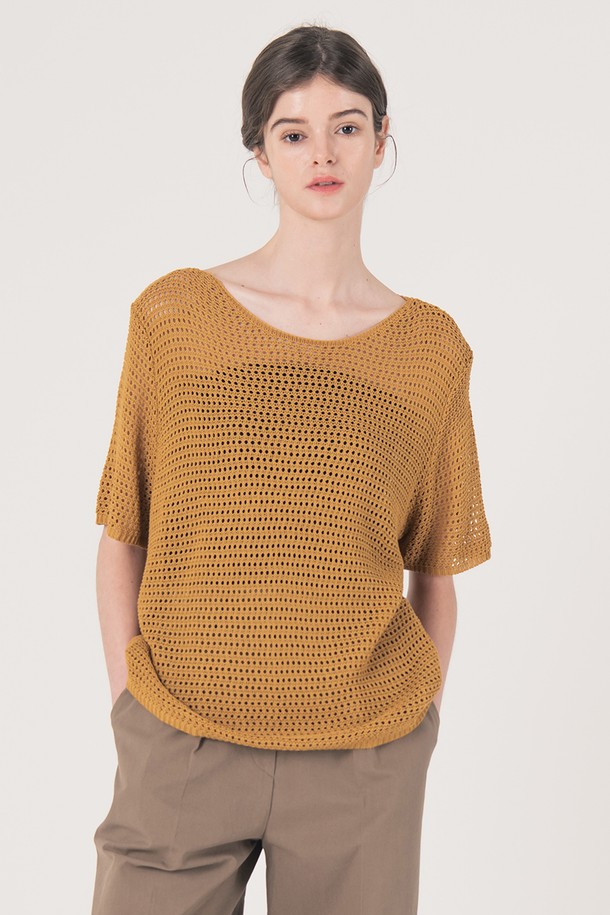 WE'DEE - 반소매 티셔츠 - WED_Volume sleeve knit top_BROWN