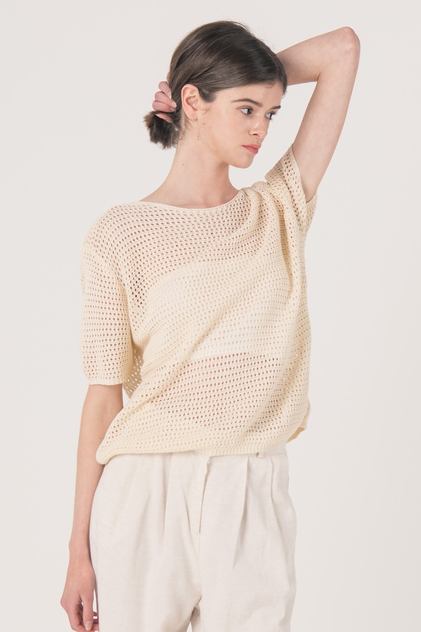 WE'DEE - 반소매 티셔츠 - WED_Volume sleeve knit top_BEIGE