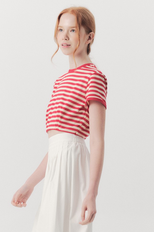 WE'DEE - 반소매 티셔츠 - WED_Modern stripe crop top_RED