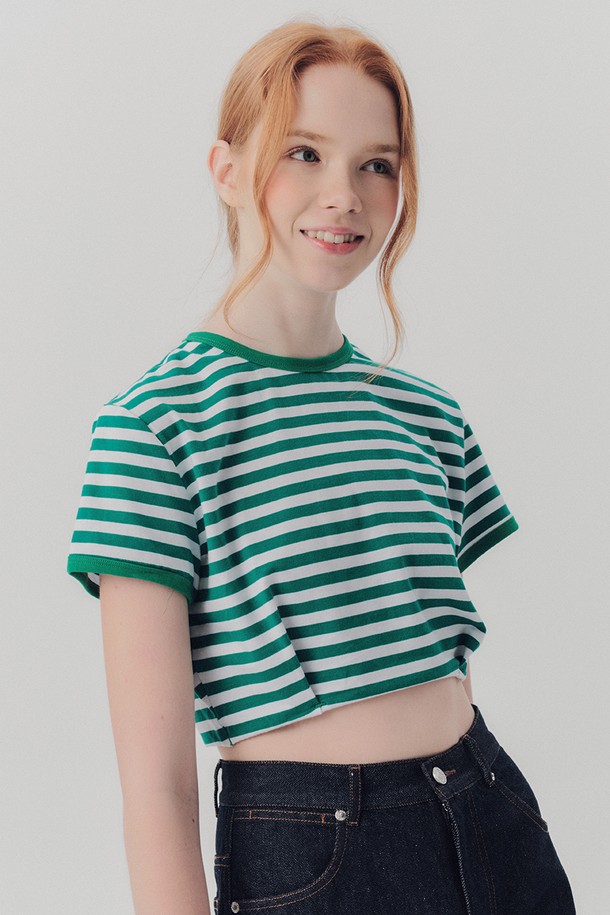 WE'DEE - 반소매 티셔츠 - WED_Modern stripe crop top_GREEN