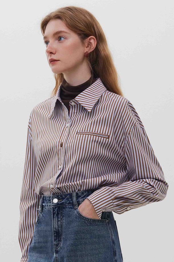 WE'DEE - 셔츠 - WD_Fake pocket striped shirt_BROWN