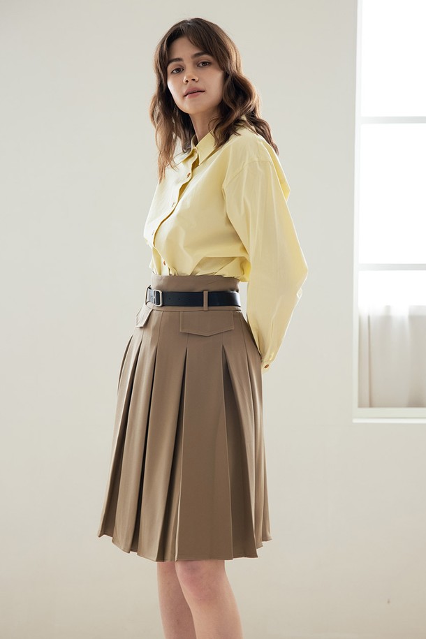 WE'DEE - 미디스커트 - WED_High-waist pleated skirt_KHAKI