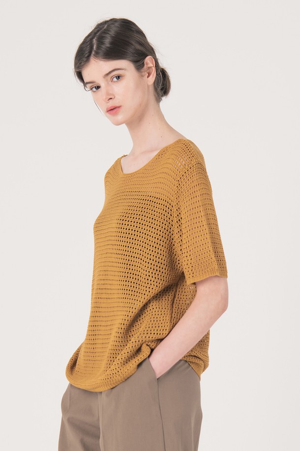 WE'DEE - 반소매 티셔츠 - WED_Volume sleeve knit top_BROWN