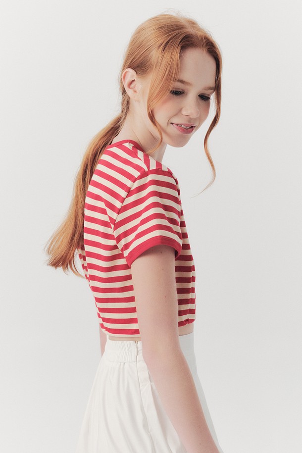 WE'DEE - 반소매 티셔츠 - WED_Modern stripe crop top_RED