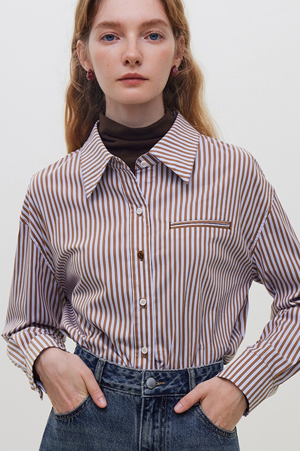 WE'DEE - 셔츠 - WD_Fake pocket striped shirt_BROWN