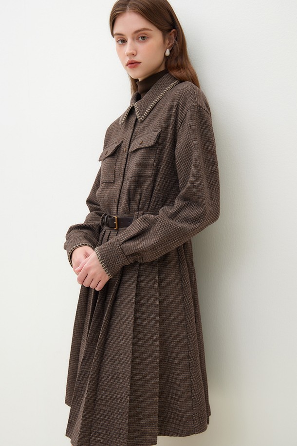 WE'DEE - 긴소매 원피스 - WD_Brown plaid woolen shirt dress