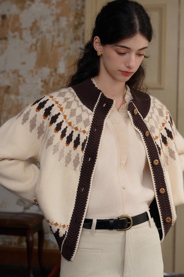 Simple Retro - 가디건 - SR_Jacquard Wool Knit Cardigan