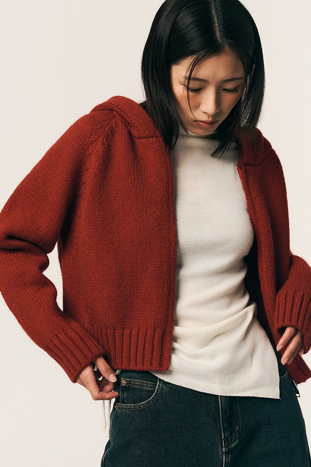 Aei&Rei - 가디건 - AR_Simple knit hooded jacket_RED