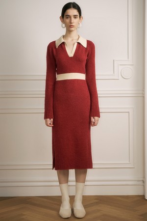 YY_Stitching v-neck knit dress