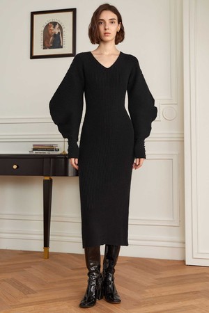 YY_Lantern sleeve slim knit dress