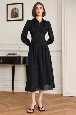 YY_French mood waist shirt dress_BLACK