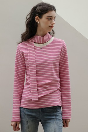 DD_Striped round neck scarf top_PINK