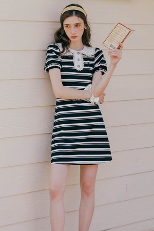 DD_Lapel stripe contrast knit dress