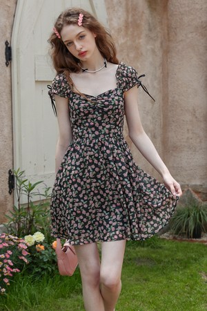 Cest_Black floral square neck dress