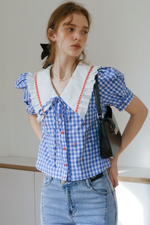 Cest_Cherry blue check bubble shirt