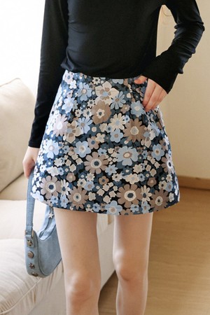 Cest_Blue flower jacquard mini skirt