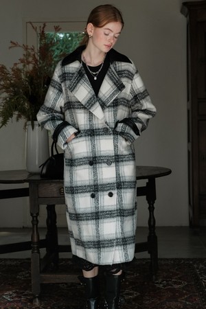 Cest_Plaid double-breasted loose coat