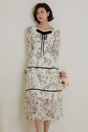 LS_Flower print black line dress