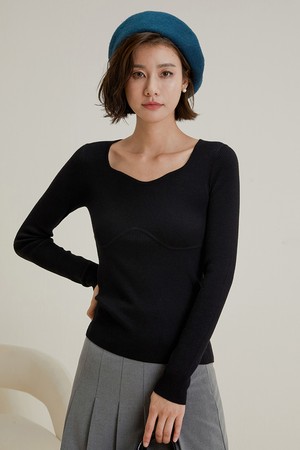 LS_Square collar slim knit top