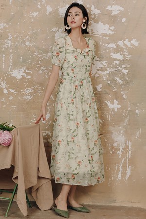 LS_Puff light olive long dress