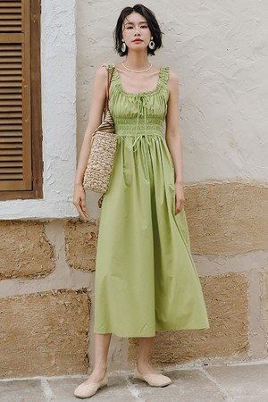 LS_Green shirring sleeveless long dress