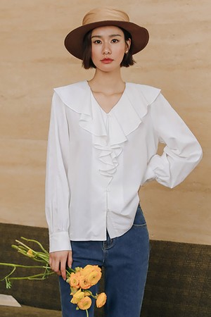 LS_Wavy frill v-neck blouse