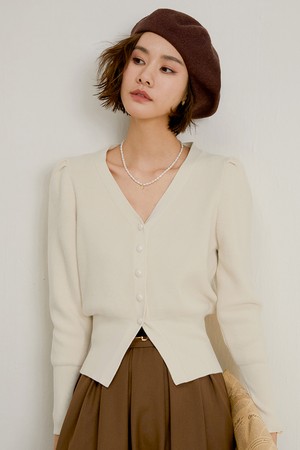 LS_Bubble sleeve v neck cardigan_IVORY