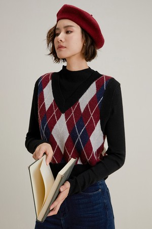 LS_Wine rhombus knit vest