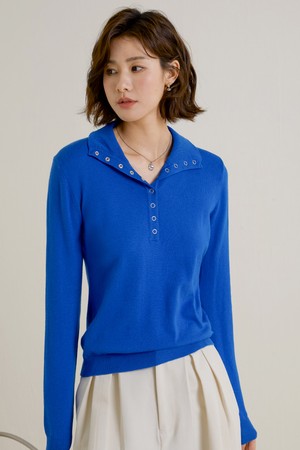 LS_Blue lapel neck knit top