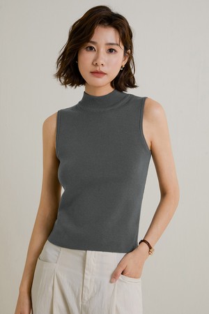 LS_half neck knit vest top_GRAY