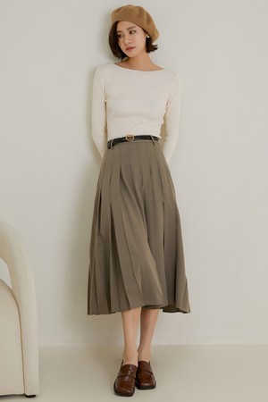 LS_Khaki A-line pleated skirt