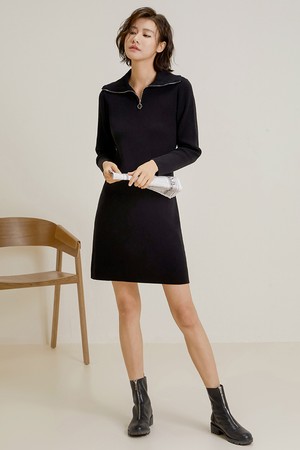 LS_Zip up collar lapel dress