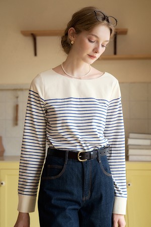 SR_Half stripe loose round neck top