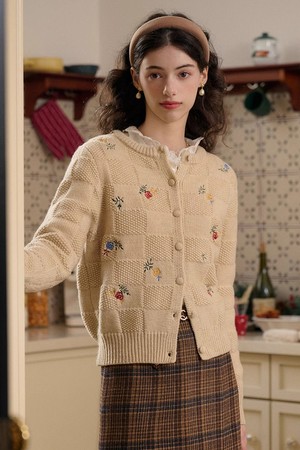 SR_Rose Embroidery Check Cardigan